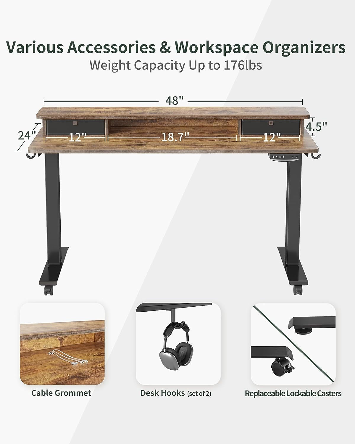 48X24 Inch Electric Standing Desk with Double Drawers, Adjustable Height Stand up Desk, Sit Stand Home Office Desk with Storage Shelf, Rustic Brown Top