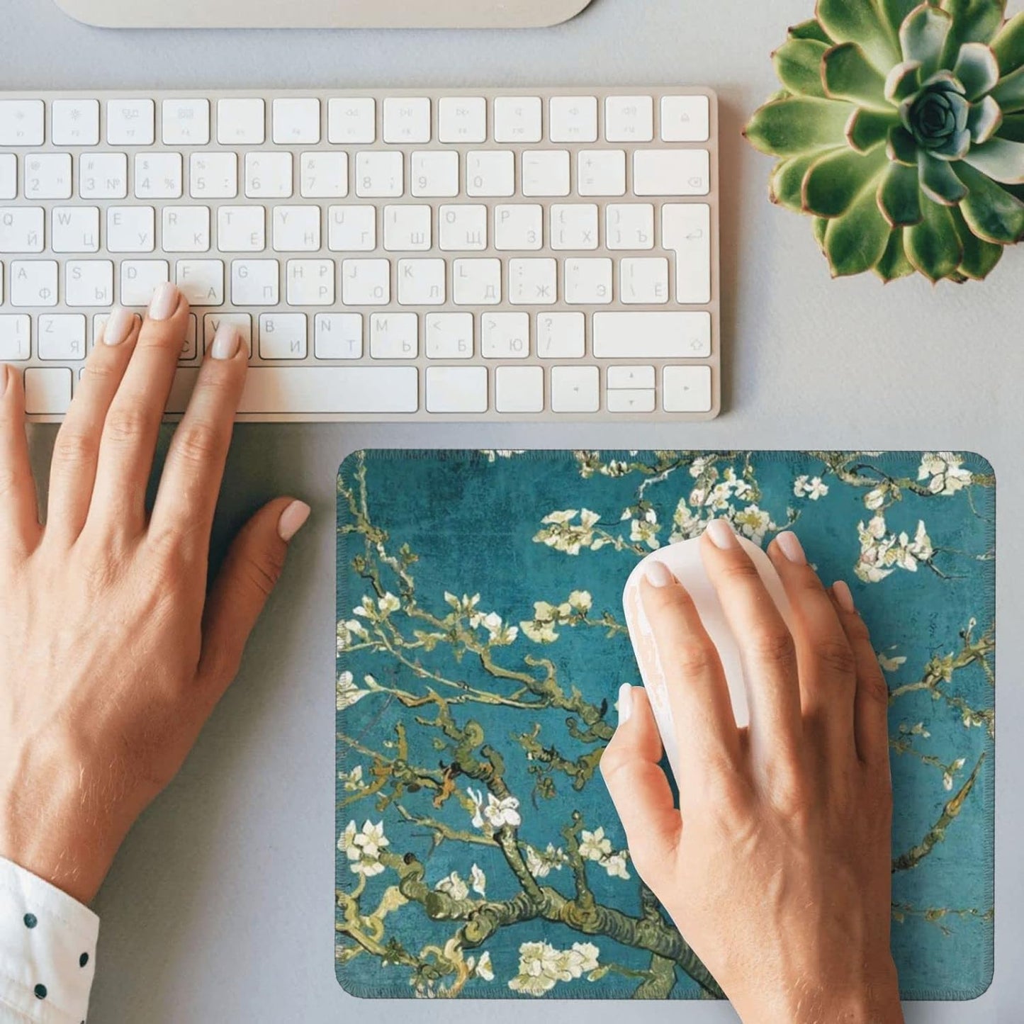 Van Gogh Almond Blossom Mouse Pad with Stitched Edge Waterproof Non-Slip Rubber Base Mousepad for Office Home Gaming Laptop Computers 7.9X9.5X0.12In