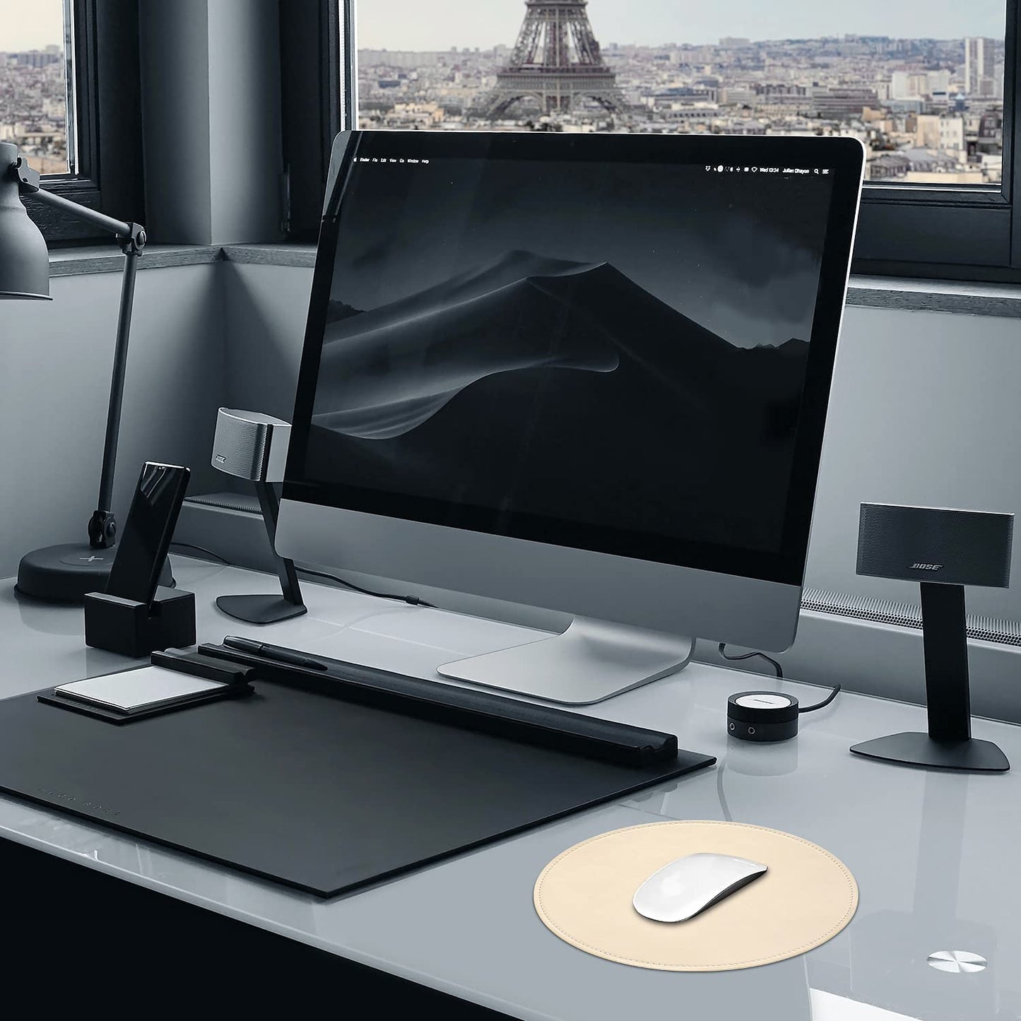 Round Mouse Pad PU Leather Mouse Pad with Stitched Edge Micro-Fiber Base with Non-Slip Waterproof, Mouse Pad for Computers, Laptop, Office & Home,1 Pack, 9Inch9Inch (Milky White)