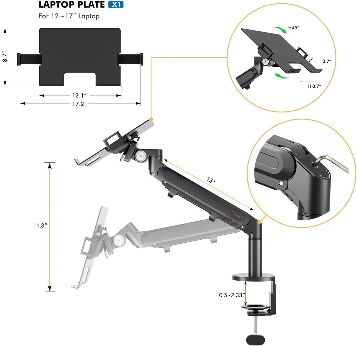 Laptop Arm Mount for Desk, Single Gas Spring Laptop Desk Mount Adjustable Height for Standing Desk Converter and Side Table Laptop Desk,Extra Laptop Tray Fits 12-17" Laptops/Notebook
