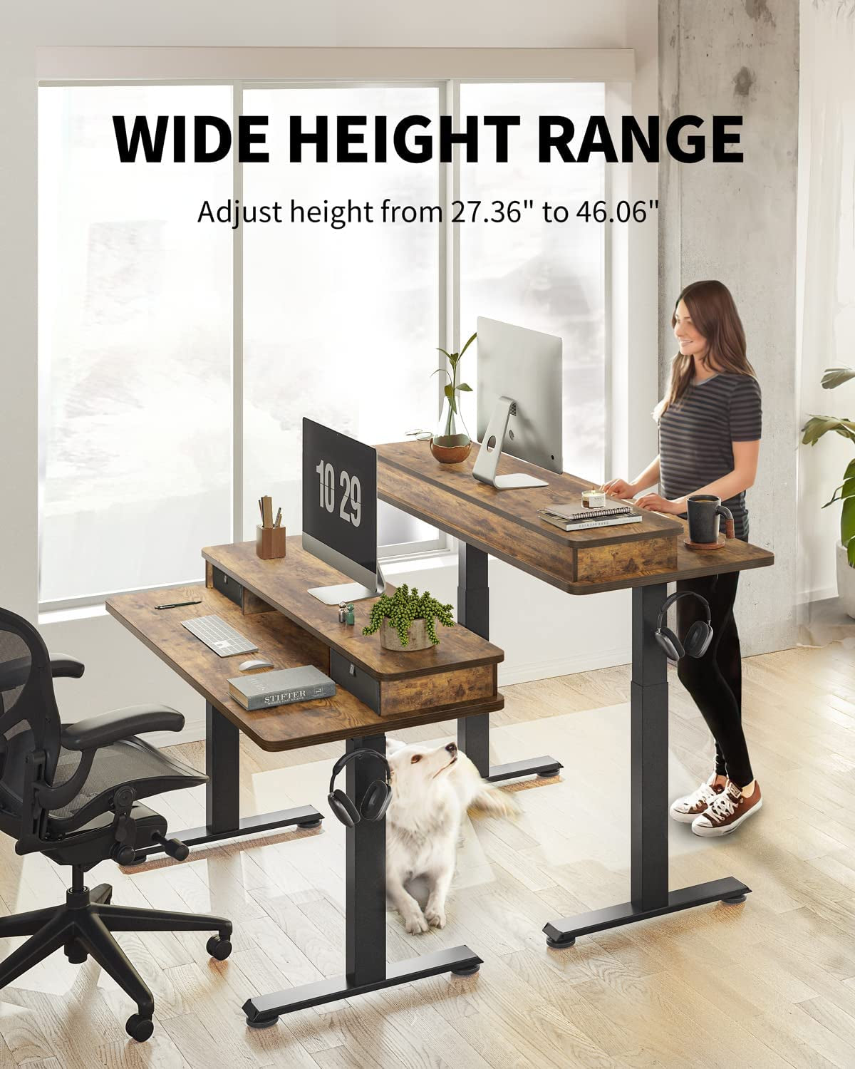 48X24 Inch Electric Standing Desk with Double Drawers, Adjustable Height Stand up Desk, Sit Stand Home Office Desk with Storage Shelf, Rustic Brown Top