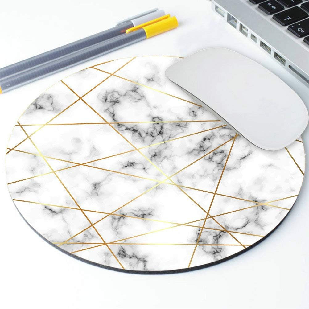 Gaming round Mouse Pad Custom for Home and Office, Modern White Marble with Gold Lines and Geometric Shapes Design for Women Non-Slip Rubber Mouse Pad for Computers Desktops, PC, Laptop
