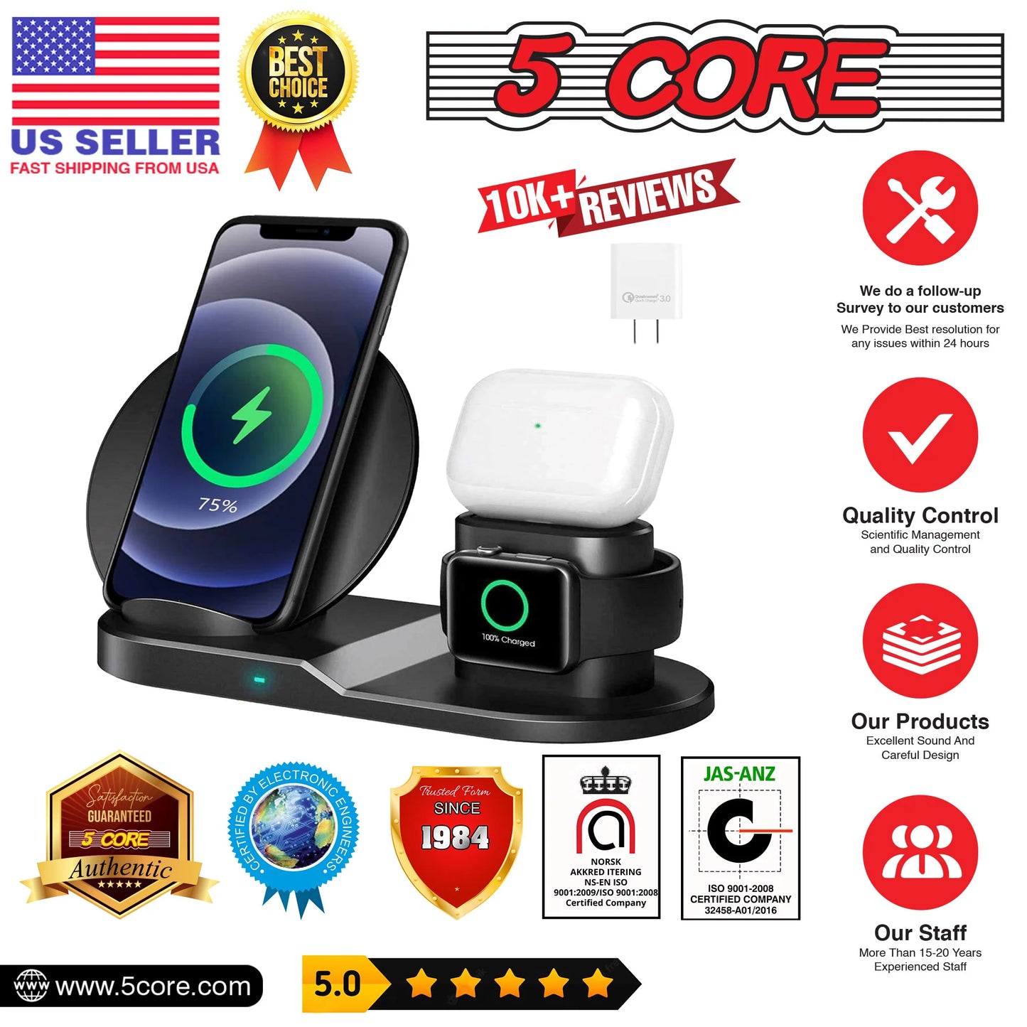 5 Core 3 in 1 Qi Wireless 10W / 15W Fast Charging Pad Stand Dock for Samsung & Iphones WCR 3