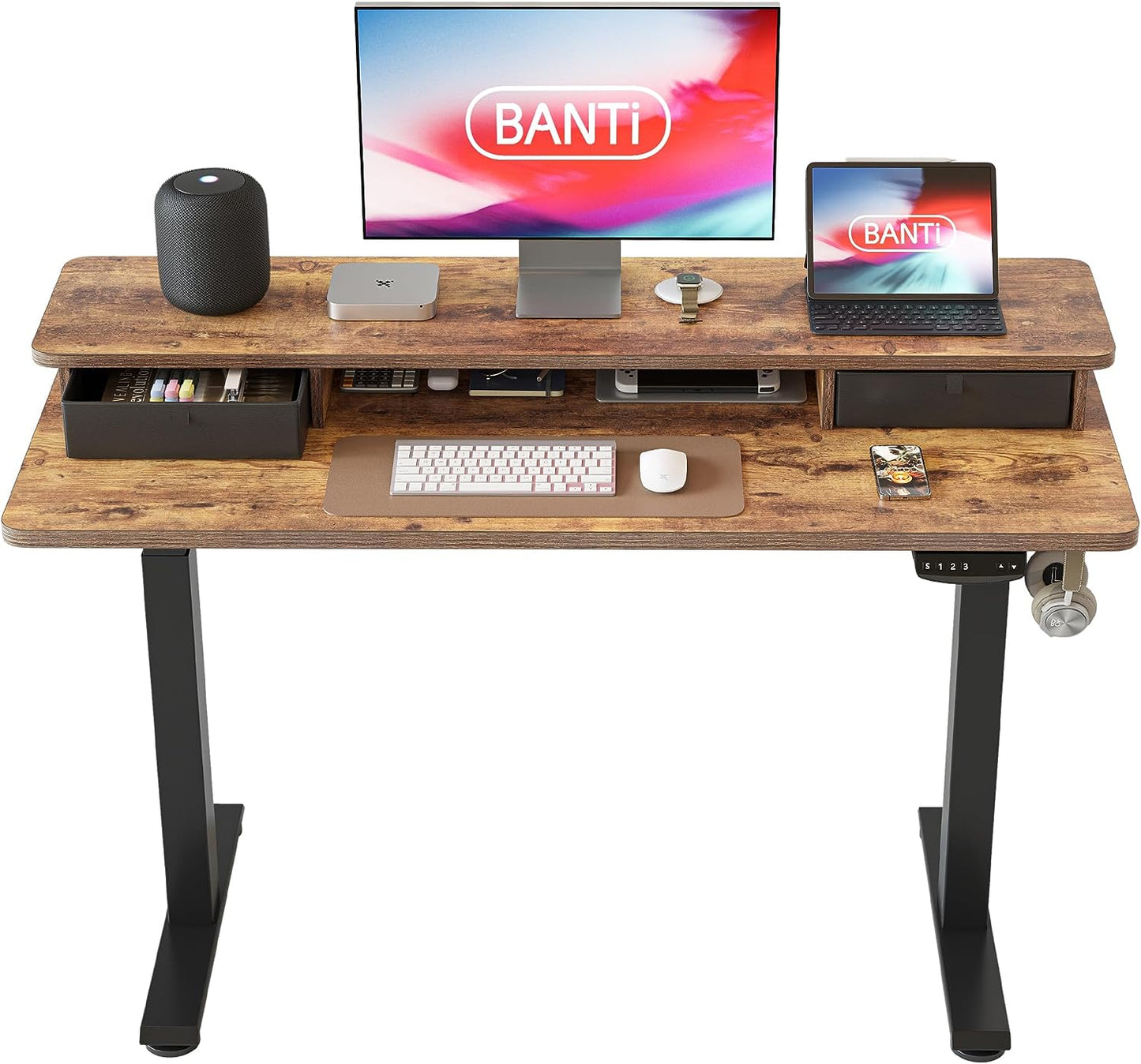 48X24 Inch Electric Standing Desk with Double Drawers, Adjustable Height Stand up Desk, Sit Stand Home Office Desk with Storage Shelf, Rustic Brown Top
