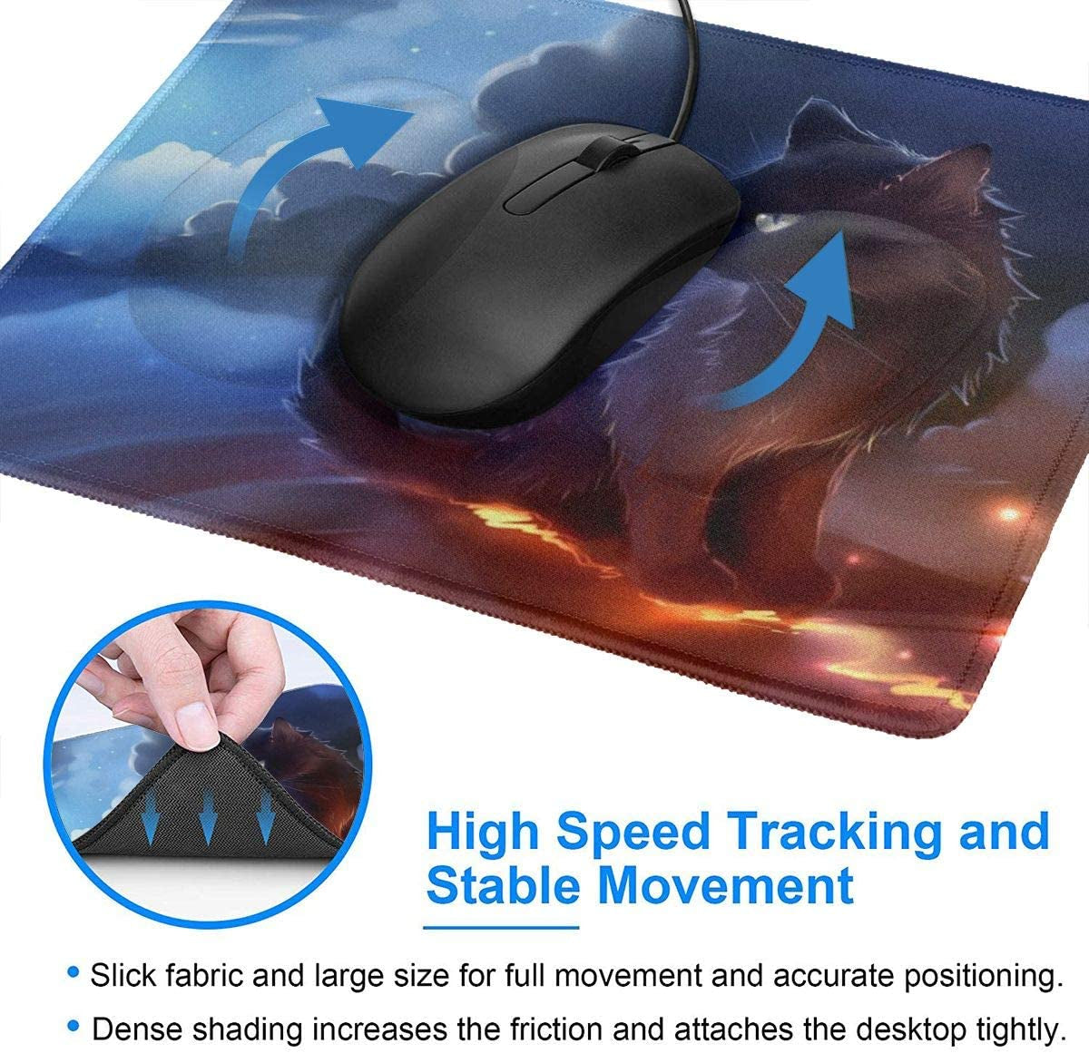 Mouse Pad Cute Black Cat Gaming Mousepad with Stitched Edges Non-Slip Rubber Base for Computers Laptop Office & Home