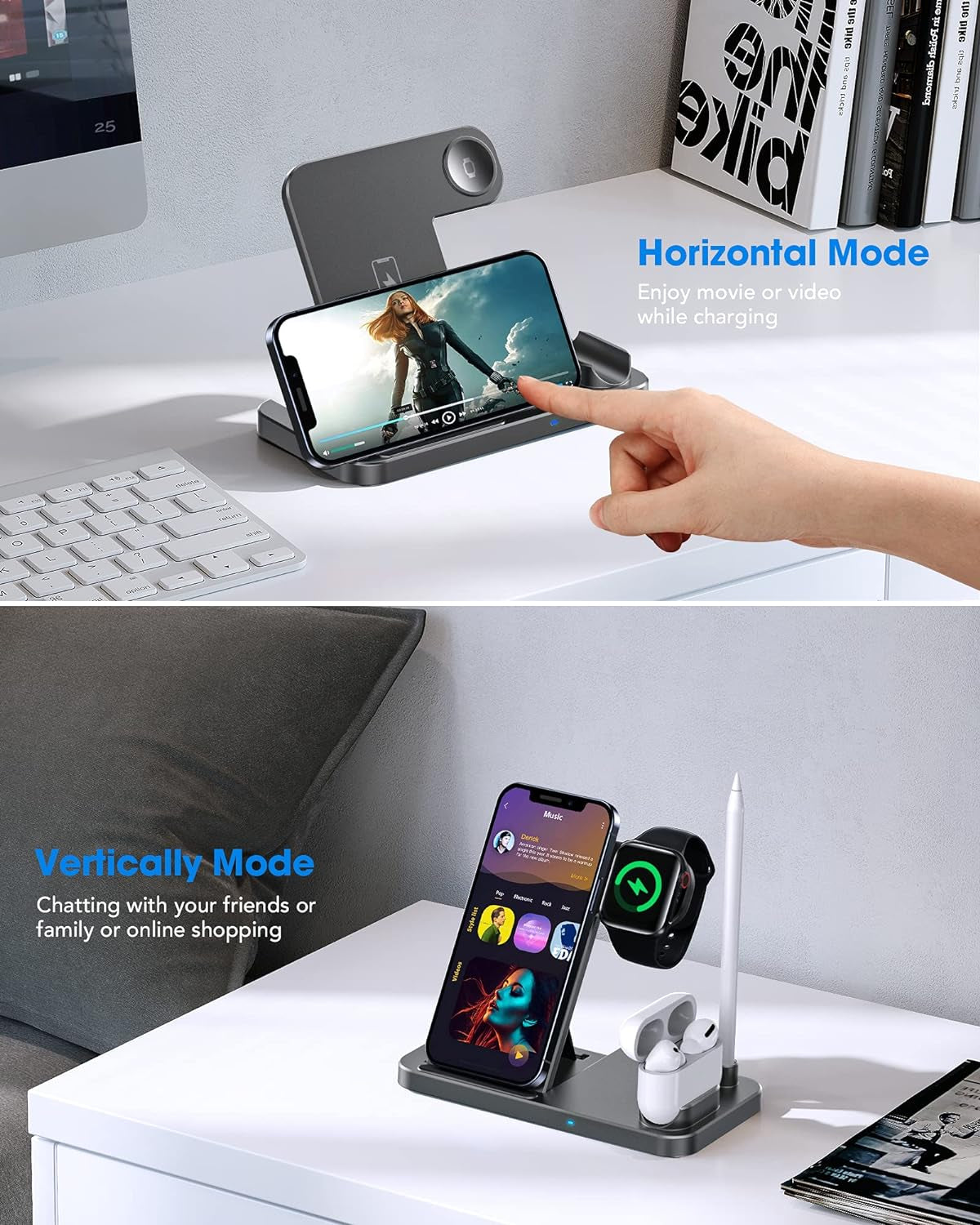 4 in 1 Wireless Charging Station for Apple Products, Fast Wireless Charger Charging Stand Compatible with Apple Watch SE 6 5 4 3 2, Airpods Pro, Pencil and Iphone 12, 11, 11 Pro Max, Xr Xs Max