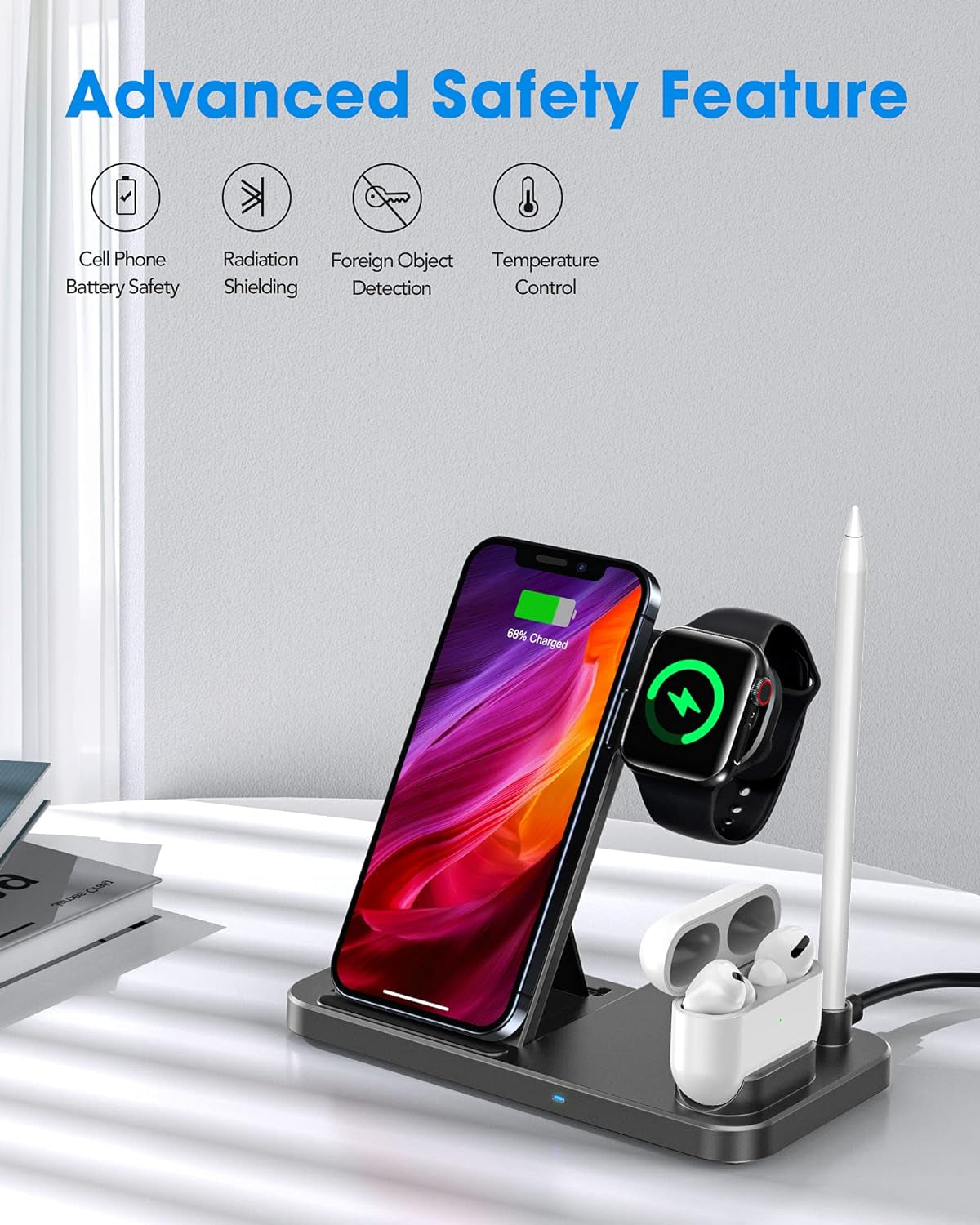 4 in 1 Wireless Charging Station for Apple Products, Fast Wireless Charger Charging Stand Compatible with Apple Watch SE 6 5 4 3 2, Airpods Pro, Pencil and Iphone 12, 11, 11 Pro Max, Xr Xs Max