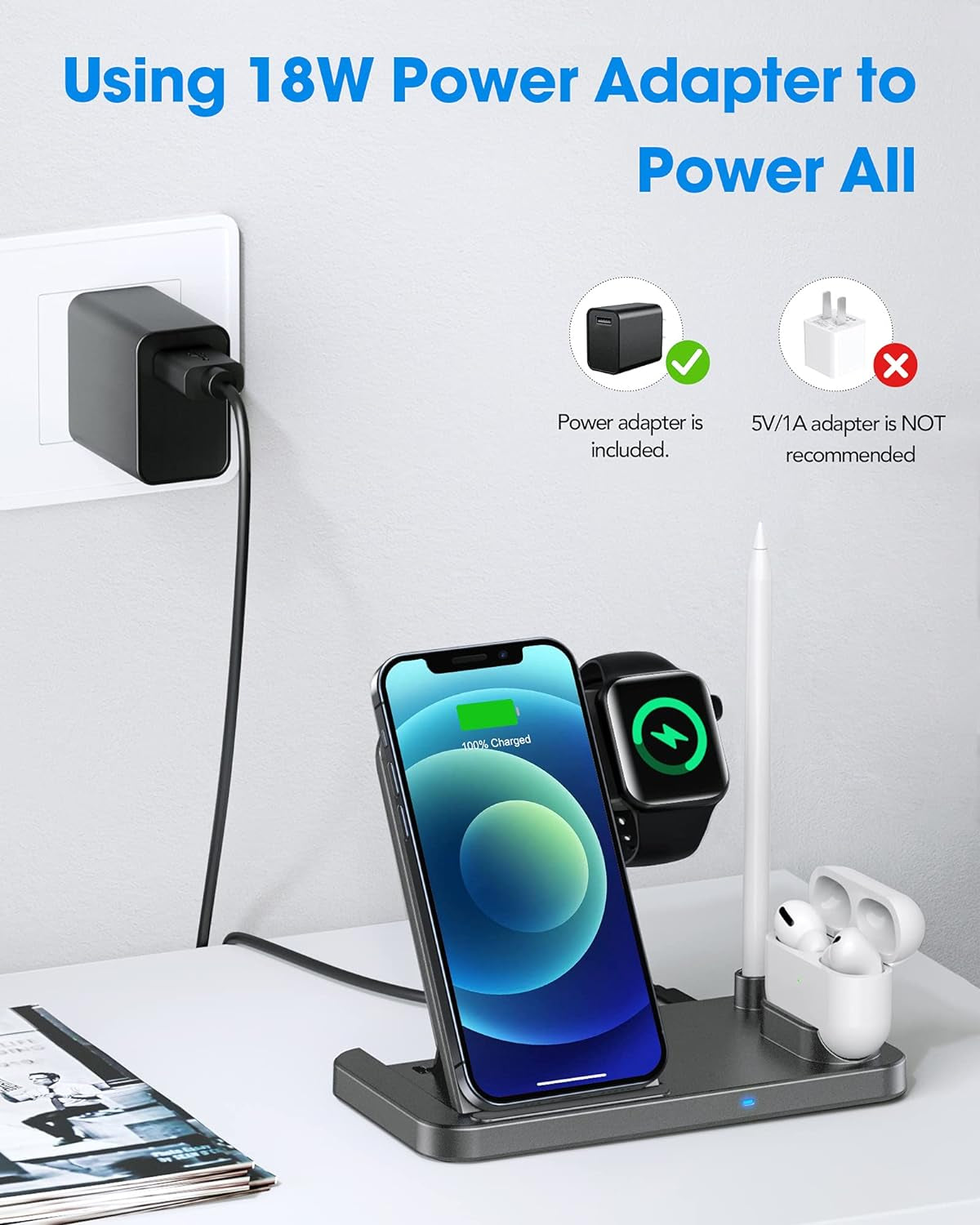 4 in 1 Wireless Charging Station for Apple Products, Fast Wireless Charger Charging Stand Compatible with Apple Watch SE 6 5 4 3 2, Airpods Pro, Pencil and Iphone 12, 11, 11 Pro Max, Xr Xs Max