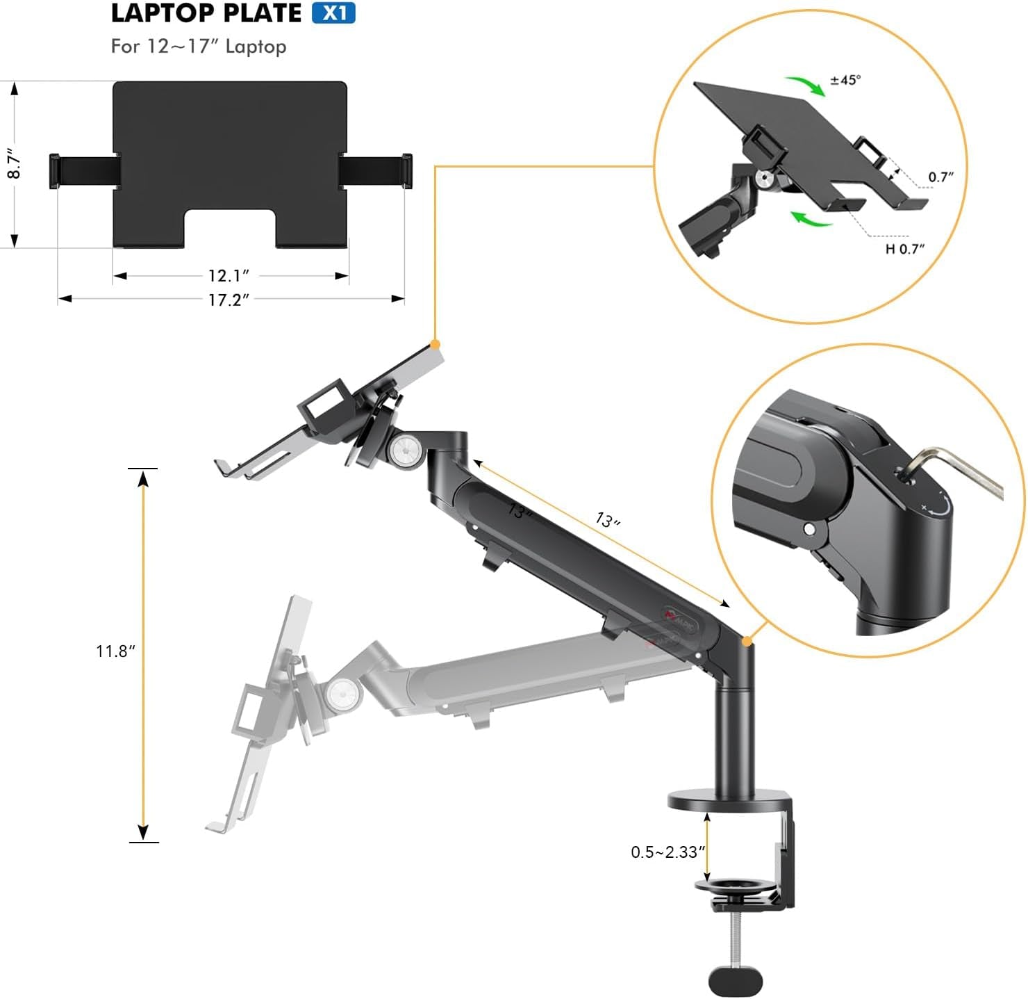 Laptop Arm Mount for Desk, Single Gas Spring Laptop Desk Mount Adjustable Height for Standing Desk Converter and Side Table Laptop Desk,Extra Laptop Tray Fits 12-17" Laptops/Notebook