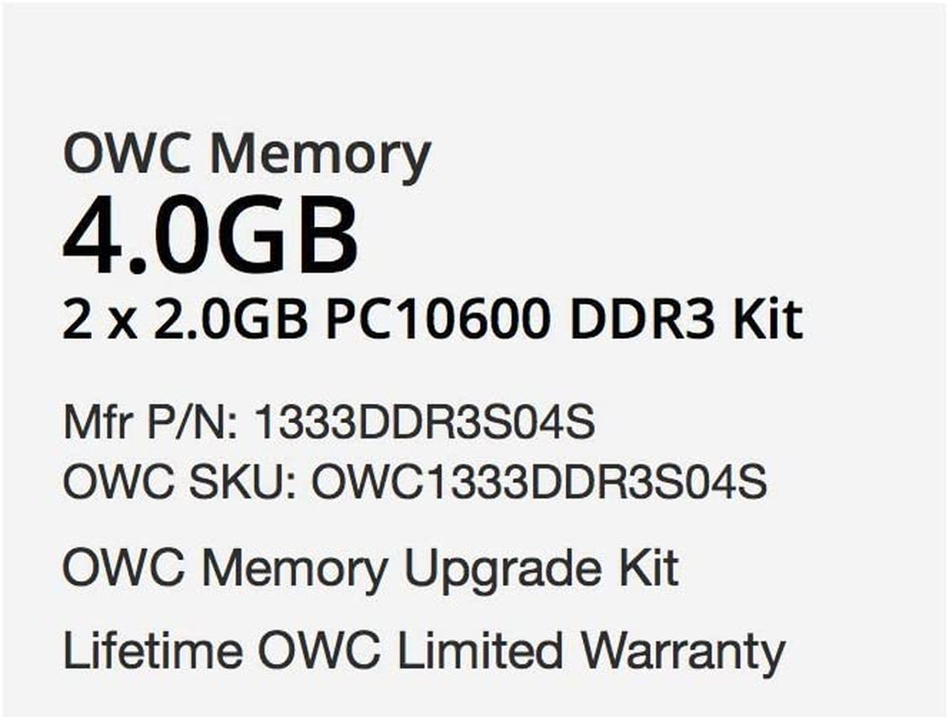 OWC 4.0GB (2X 2GB) 1333Mhz 204-Pin DDR3 SO-DIMM PC3-10600 CL9 Memory Upgrade Kit, (OWC1333DDR3S04S)